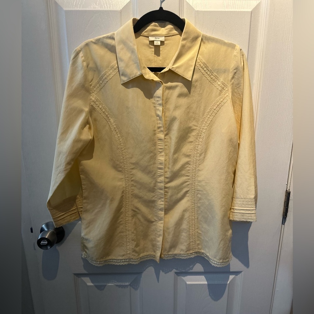 J Jill Butter Yellow Silk Cotton 3/4 Sleeve Boho Lace Top Blouse Women’s  Small